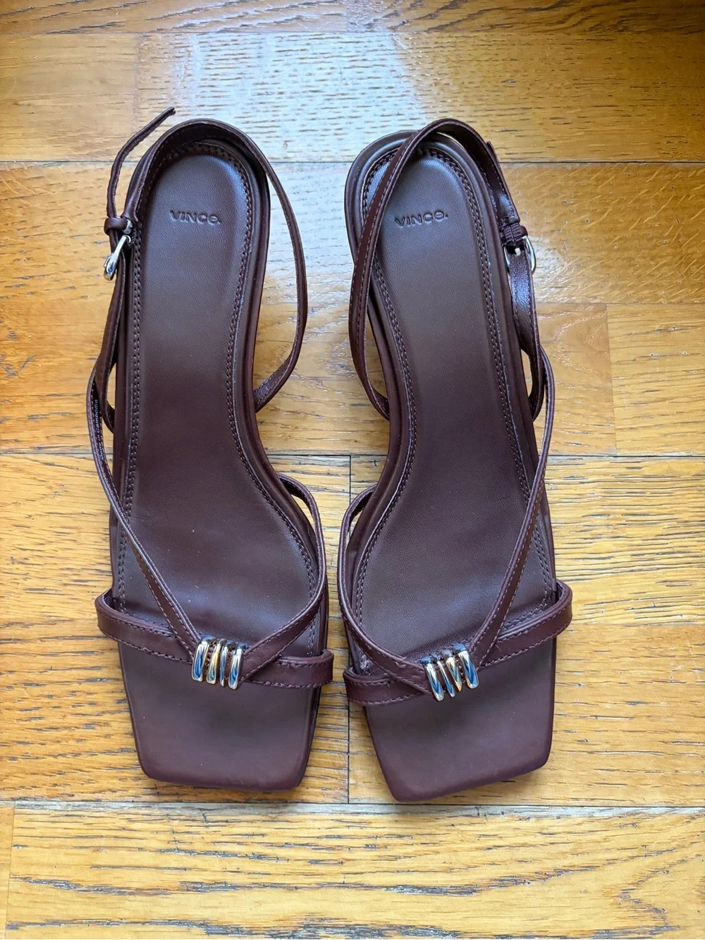 Vince Brown Leather Square-Toe Slingback Kitten Heel Sandals with Gold Accent